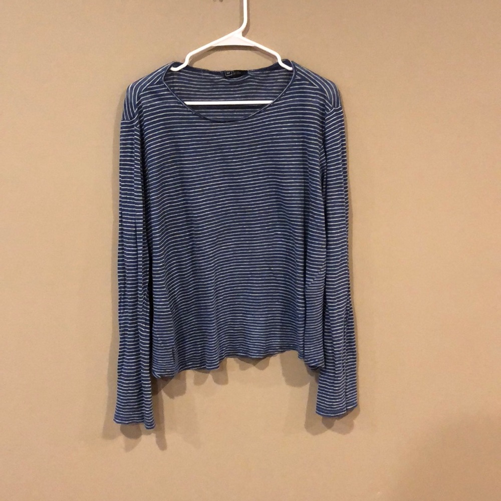 Blue long sleeved t shirt with white stripes